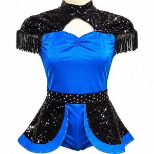 Kelle Majorette Costume Teen Blue Black Sequin Fringe Baton Color Guard Dance
